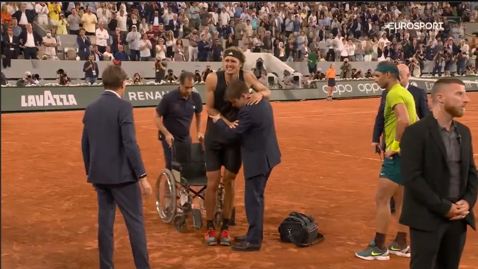 (VIDEO) Heart-breaking moment Zverev helped away in wheelchair after horrific injury against Nadal at Roland Garros