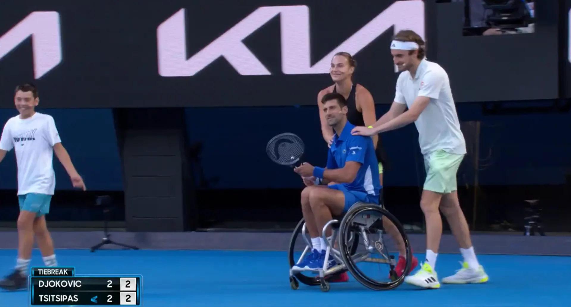 (VIDEO) Novak Djokovic hilariously tries out wheelchair tennis with help from Aryna Sabalenka and Stefanos Tsitsipas