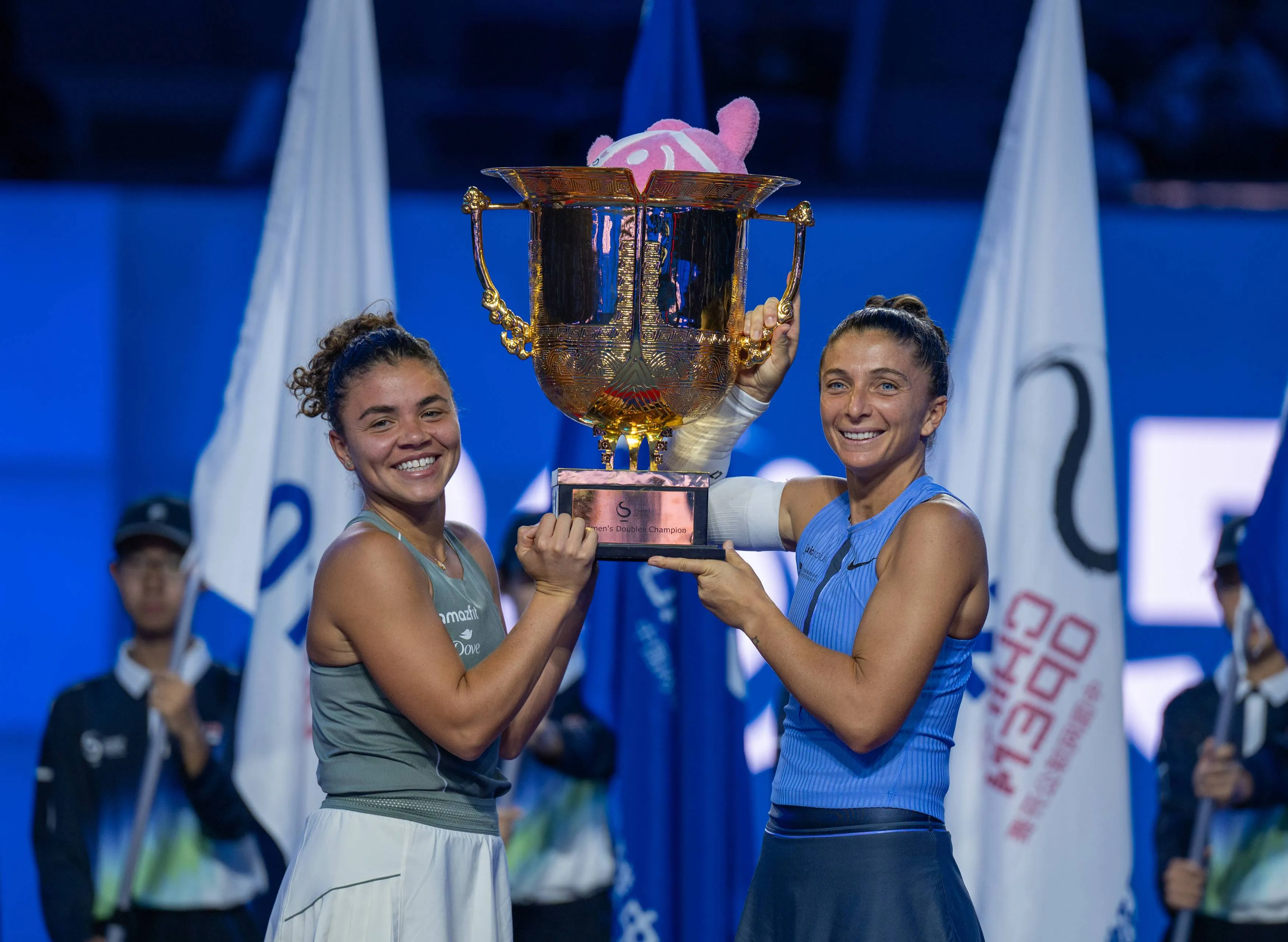 Paolini and Errani holding their fourth WTA 1000 trophy together