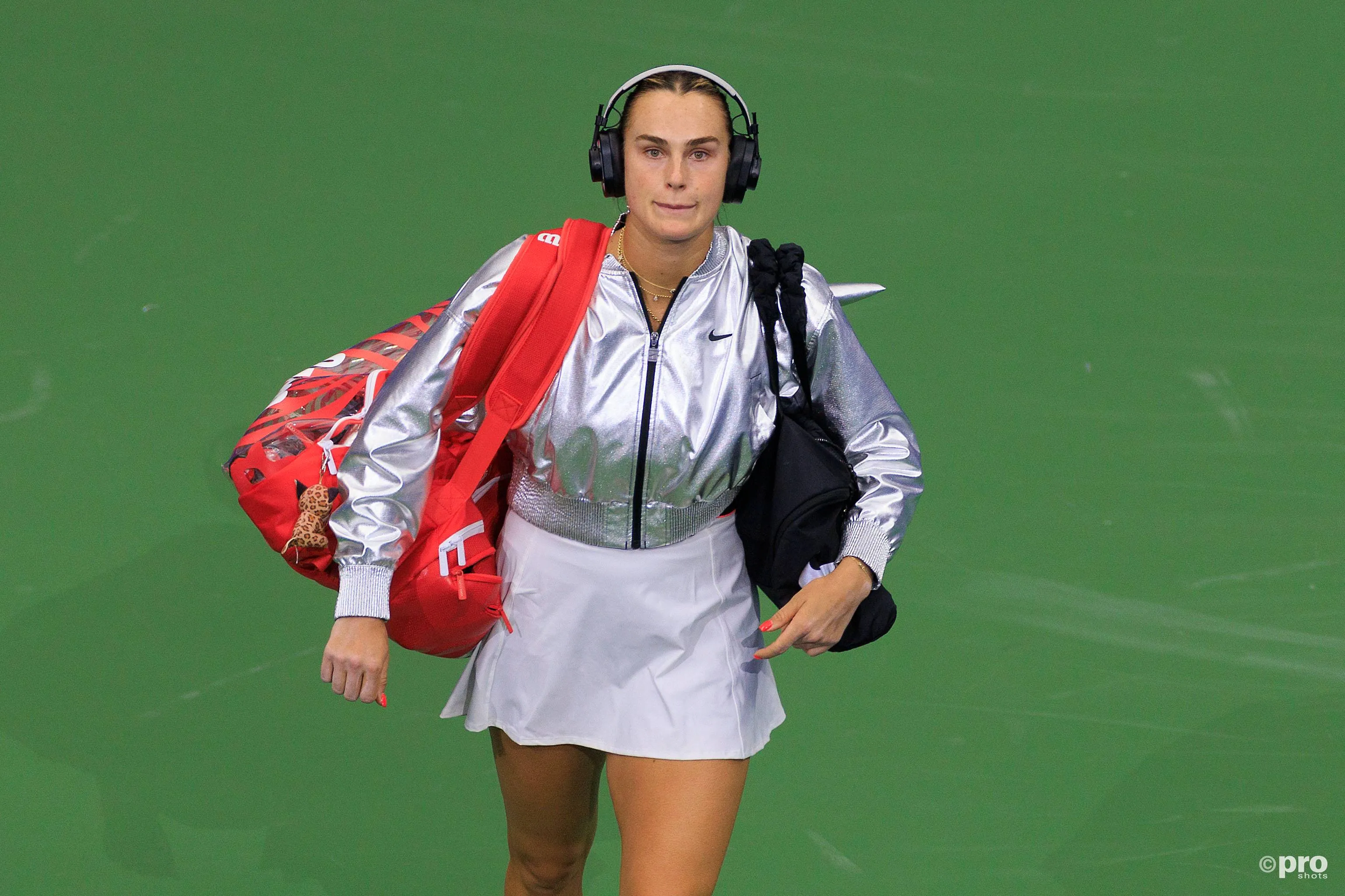 Aryna Sabalenka walks on court ahead of the US Open final.