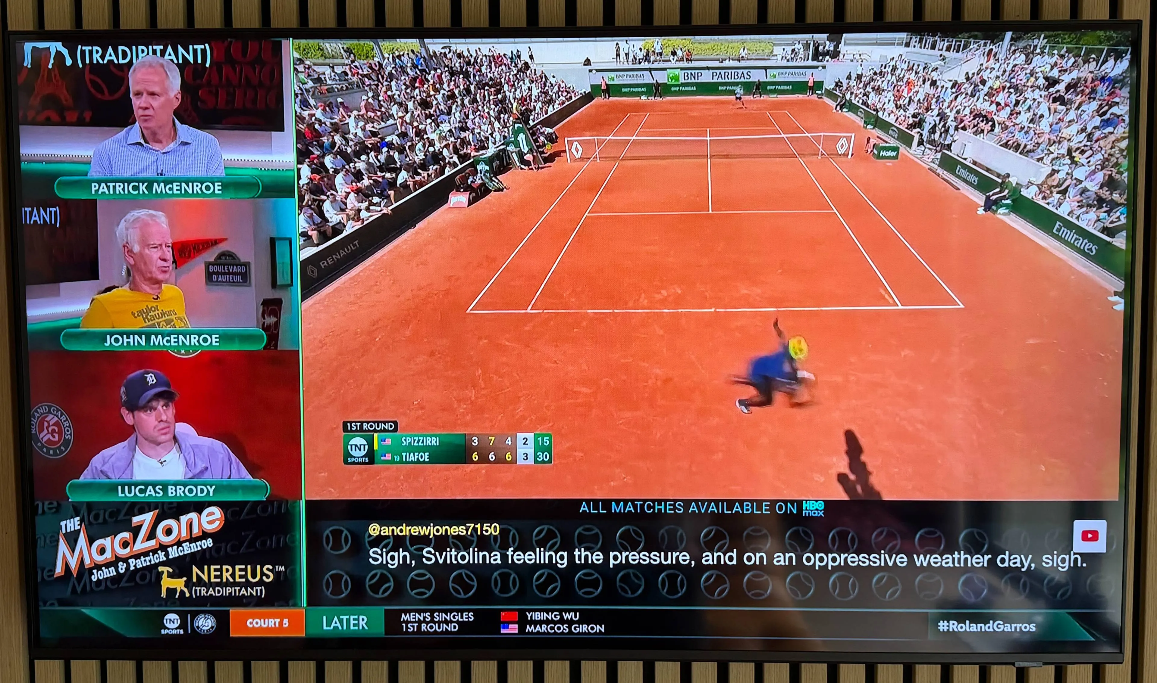 John and Patrick McEnroe and Lucas Brody are commenting on a Roland Garros match