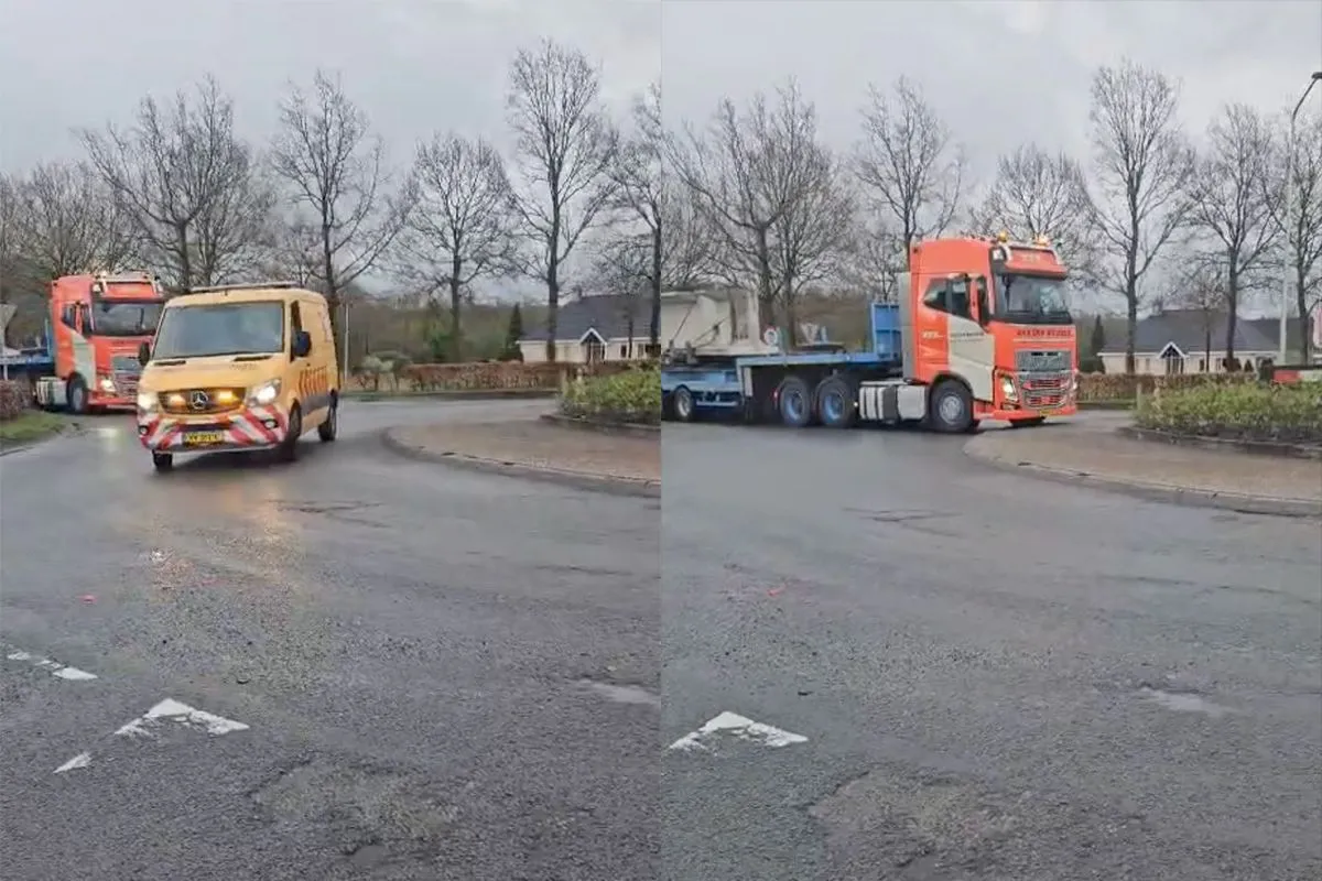 Uitzonderlijk vervoer gaat dwars over de rotonde