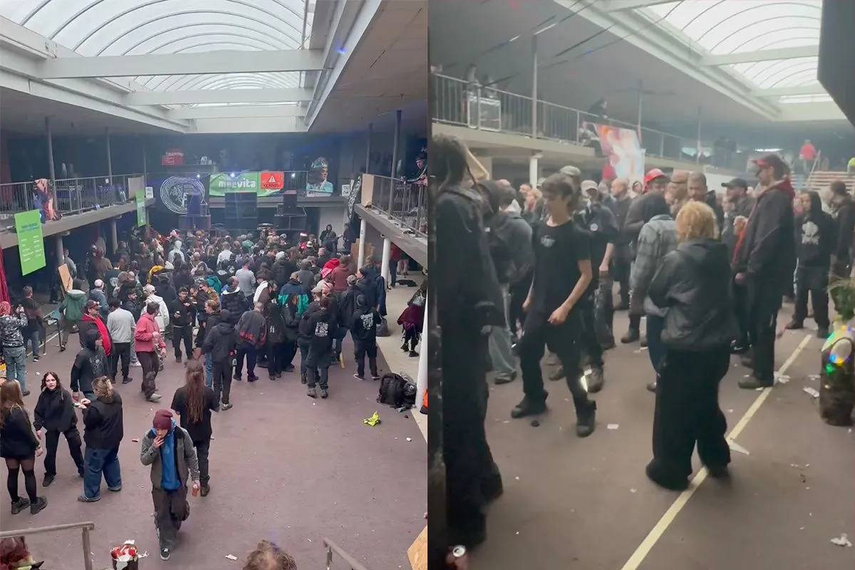 Illegale rave in verlaten gebouwen van failliete meubelhandel Heylen in Belgische Peer