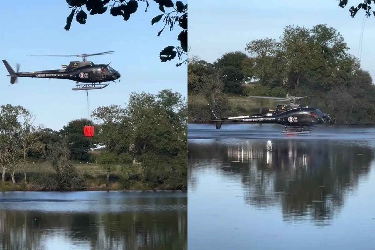 Helikopter moet brand blussen maar smakt zelf de vijver in