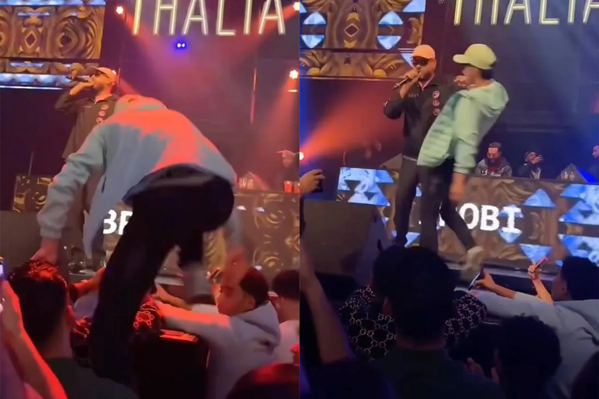 Fan klimt bij rapper 3robi op het podium en krijgt vliegles 💥