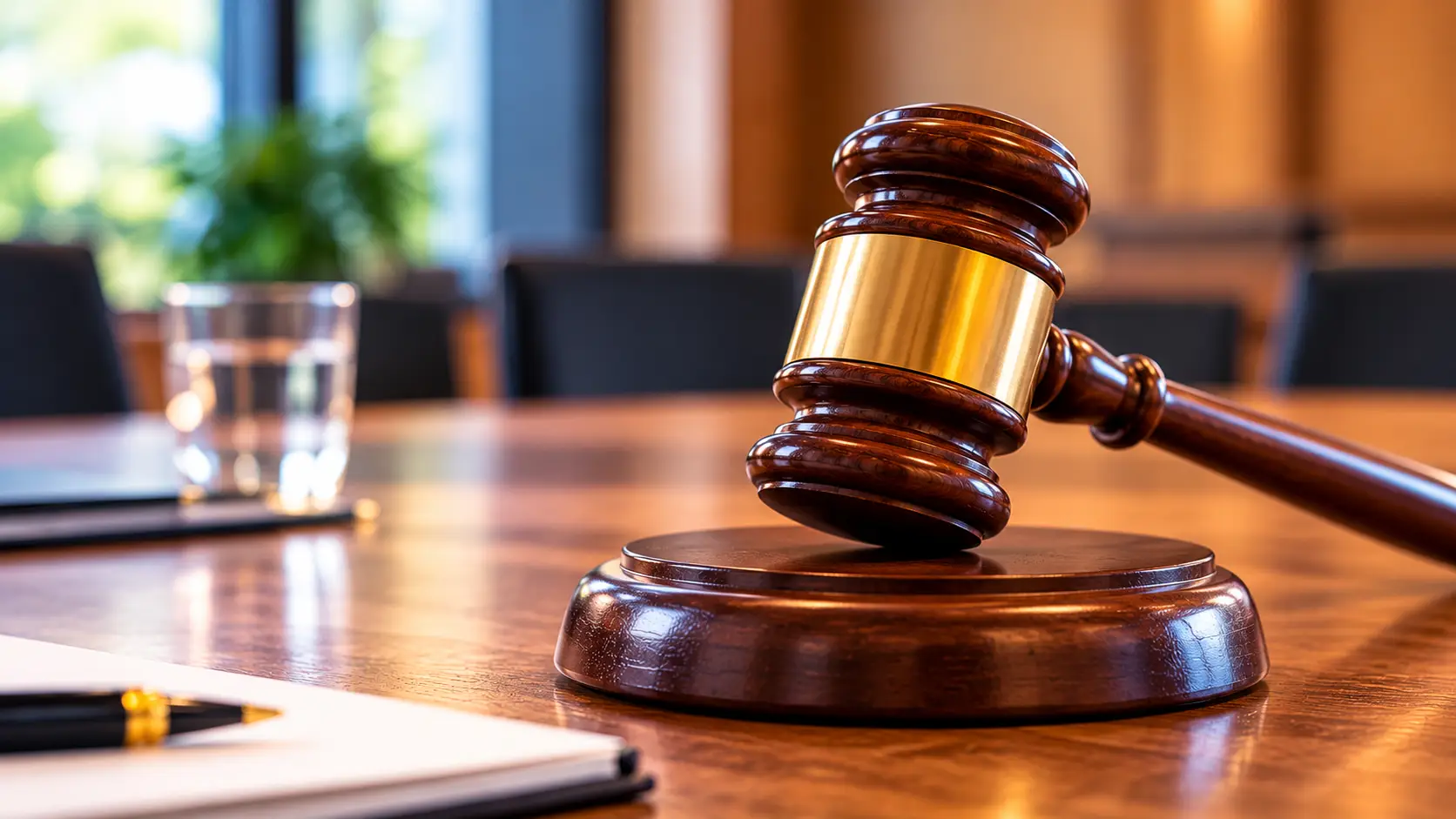 Rechtershamer op houten rechtbanktafel