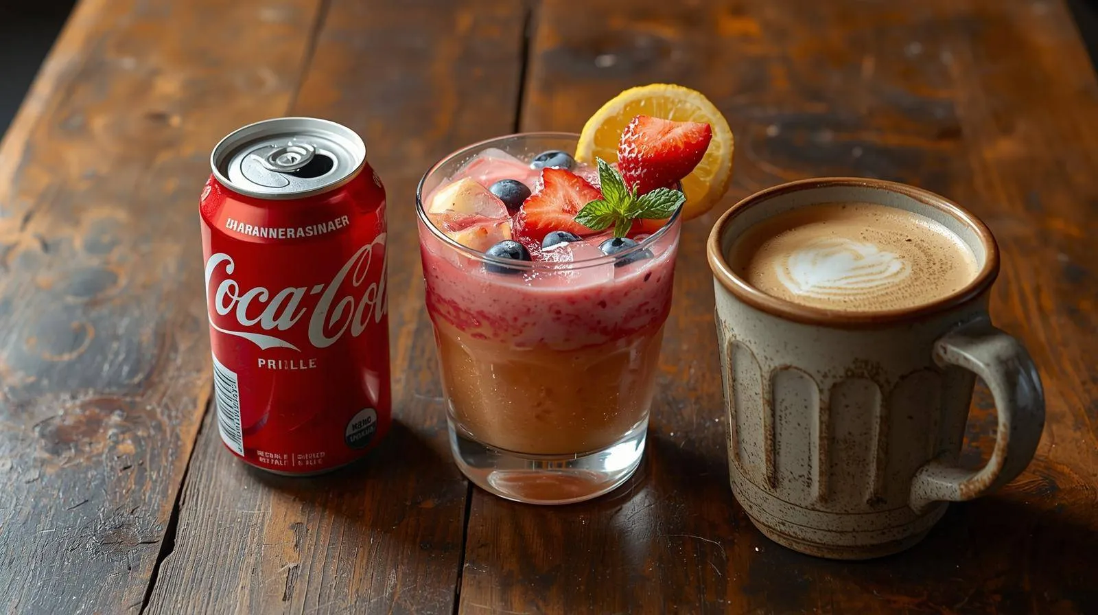 een tafel met daarop een blikje cola, een smoothie en een cappuciono