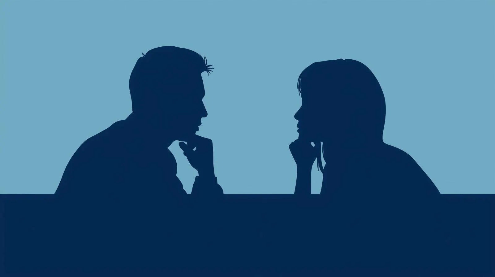 thoughtful intelligent couple having deep conversation, modern minimalist style_ of _hoogbegaafd stel in gesprek, moderne stijl_