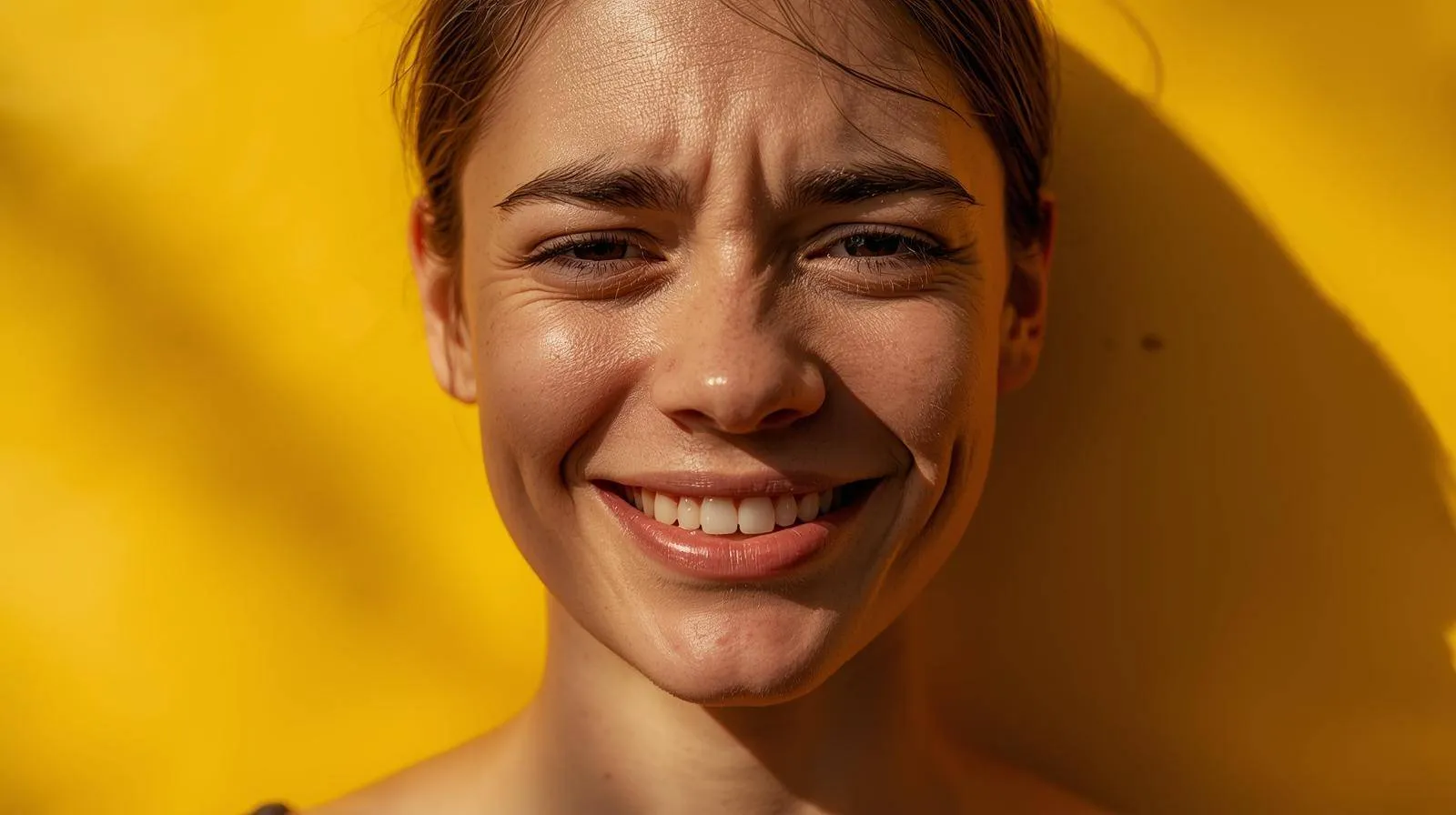 Een horizontale foto of illustratie van iemand met een geforceerde glimlach voor een felgekleurd, zonnig decor, terwijl in de schaduw duidelijk verdriet of vermoeidheid zichtbaar is.