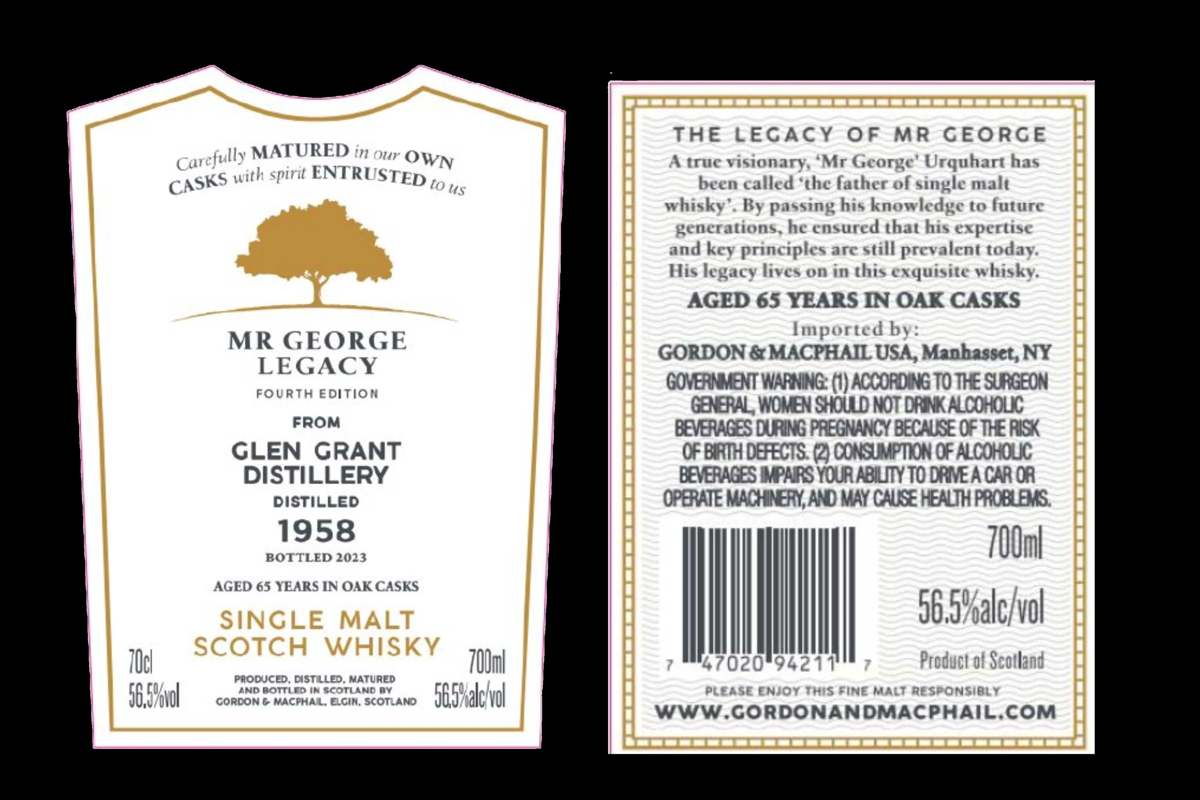 Label voor Gordon & MacPhail Mr George Legacy 1958 Glen Grant opgedoken
