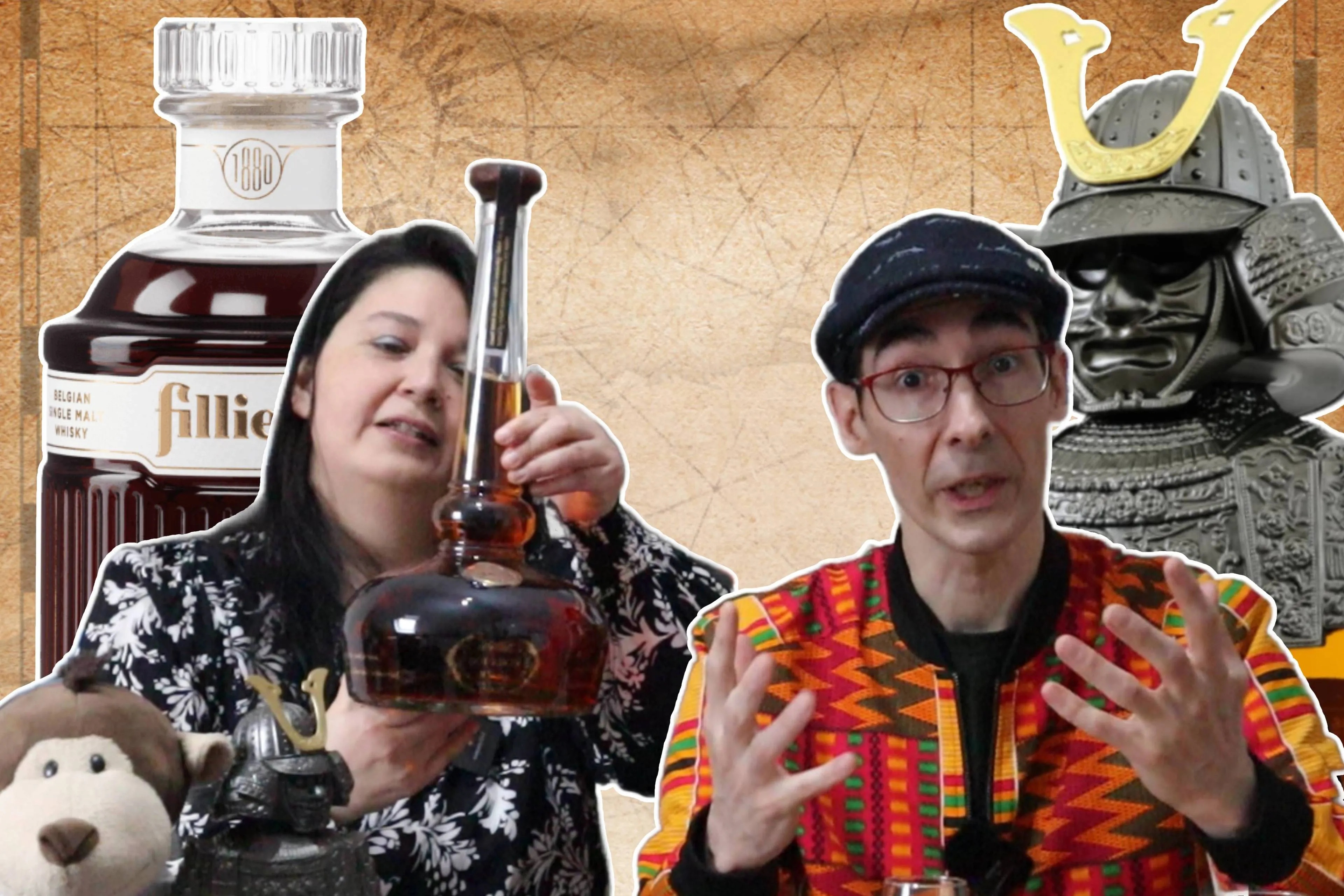 Rox en Theo van Whisky Monekys met een schatkaart, een fles Filliers, Willet pot Still en een Nikka Samurai