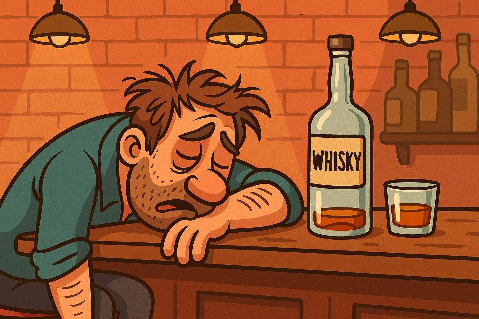 man slaapt aan bar na lege whisky