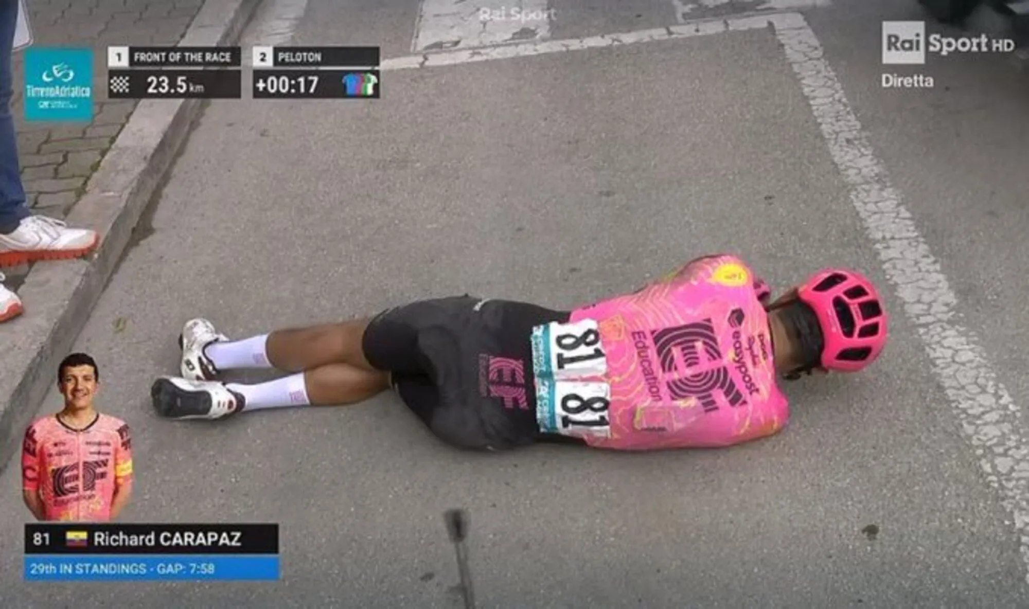 Richard Carapaz ontsnapt zonder breuken aan nare valpartij in Tirreno-Adriatico