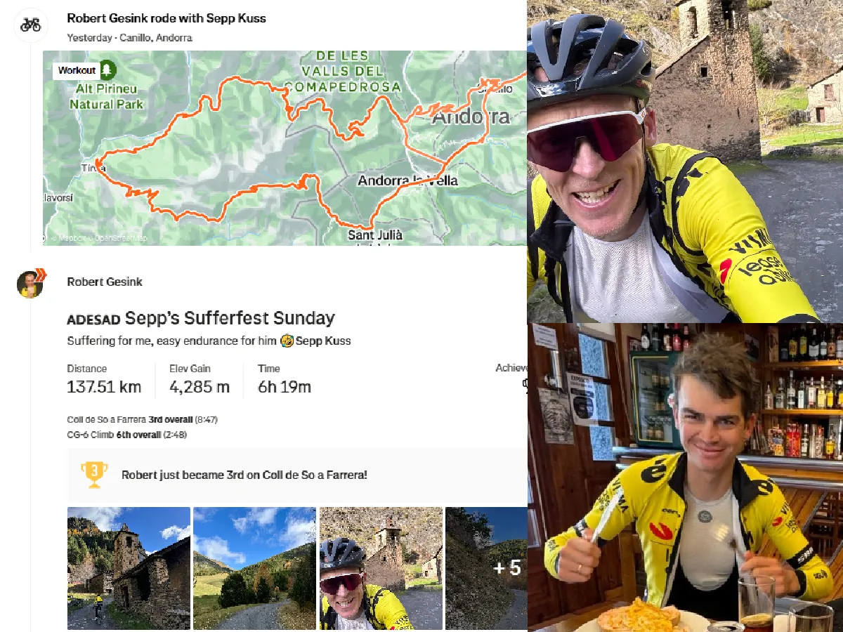 "Lijden voor mij, makkelijke tocht voor hem" - Robert Gesink rijdt samen met Sepp Kuss een zes uur durende trainingsrit