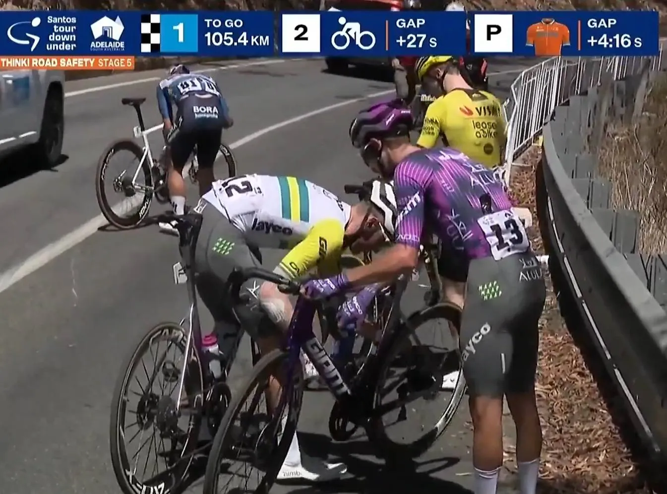 Medisch rapport en uitvallers Tour Down Under 2025 na etappe 5: Sam Welsford komt voor tweede keer ten val en Loe van Belle moet wedstrijd verlaten