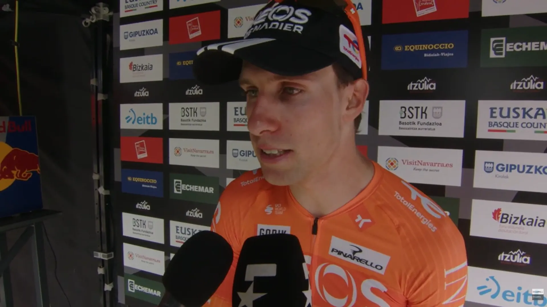 Axel Laurance speaks to the media at the Itzulia Basque Country