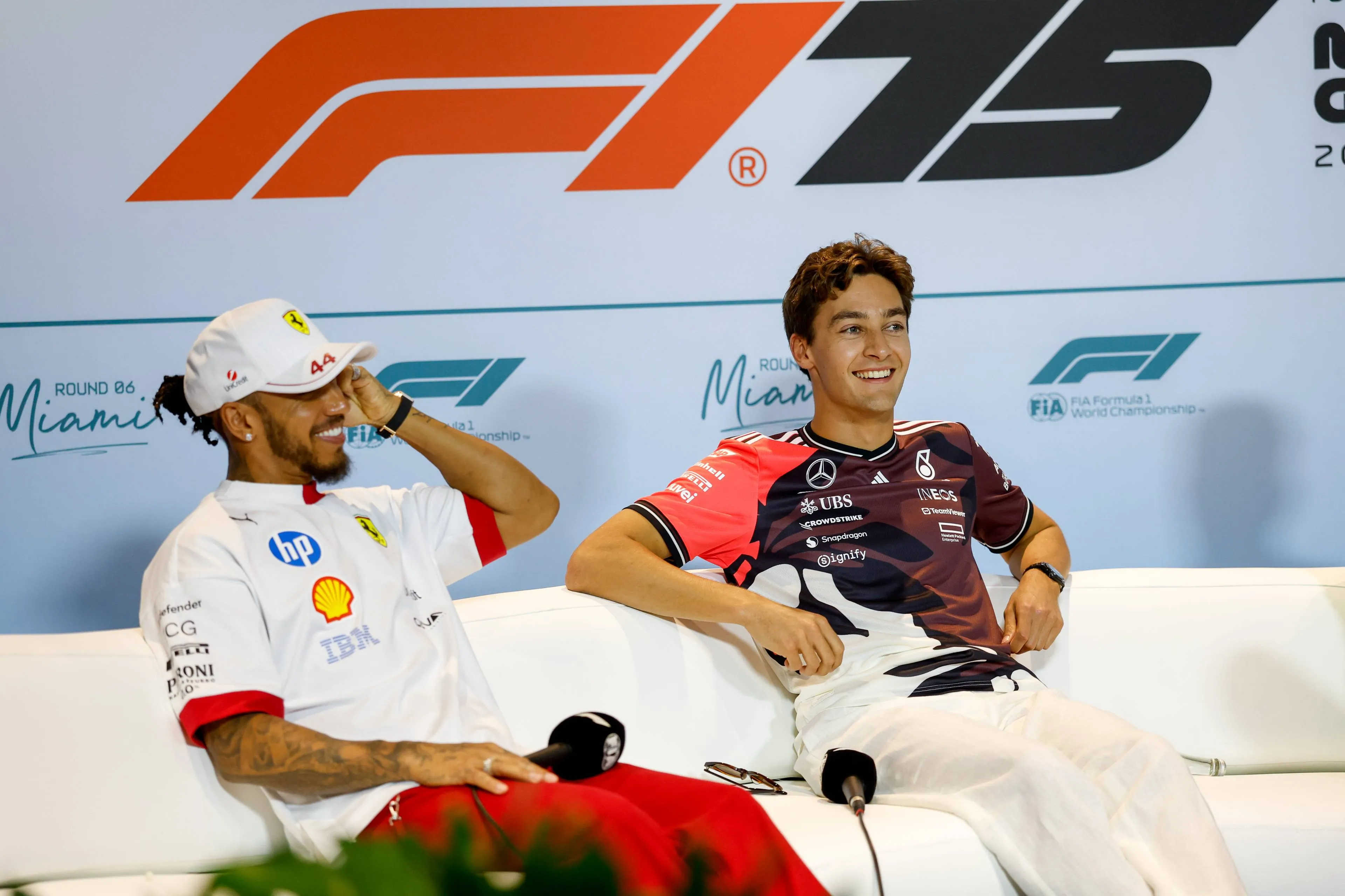 lewis hamilton ferrari george russell mercedes 2025 miami donderdag persconferentie