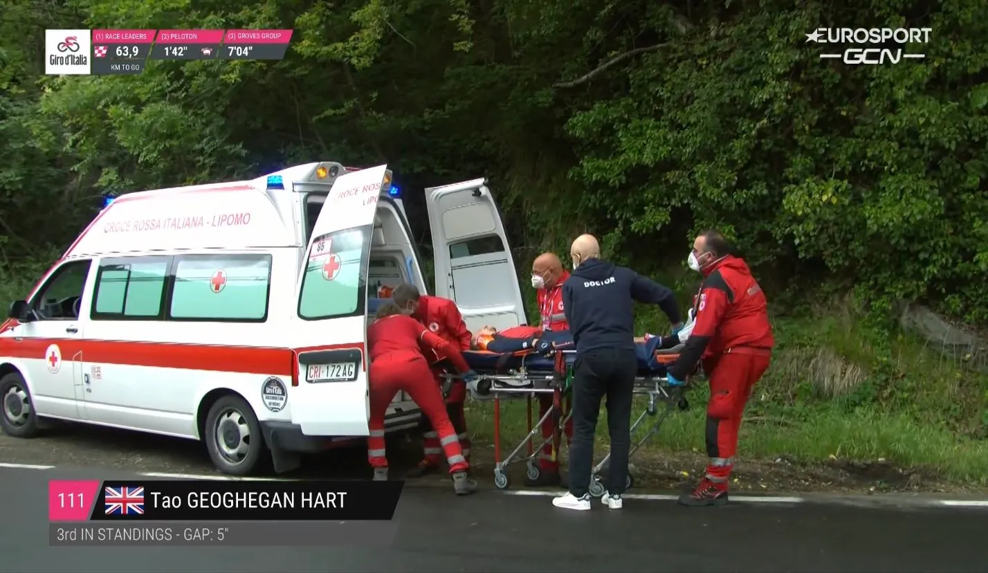 Geoghegan Hart in ambulance afgevoerd in Giro, ook roze trui Thomas en Roglic tegen de grond