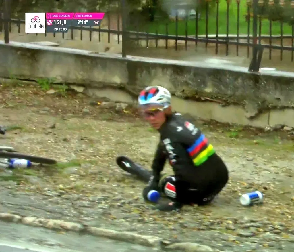 🎥 Ballerini valt over hond en neemt Evenepoel mee, wereldkampioen steekt duimpje op naar camera