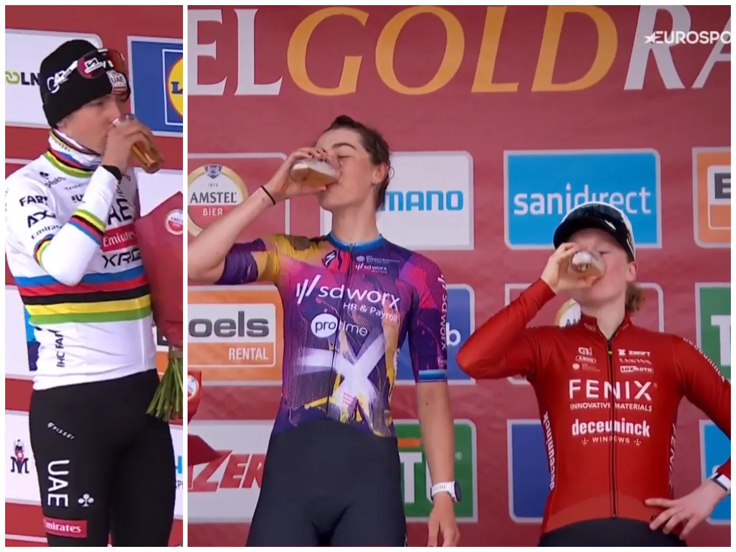 🎥  Pieterse and Bredewold show Pogacar & co. how to down a beer on the Amstel Gold podium