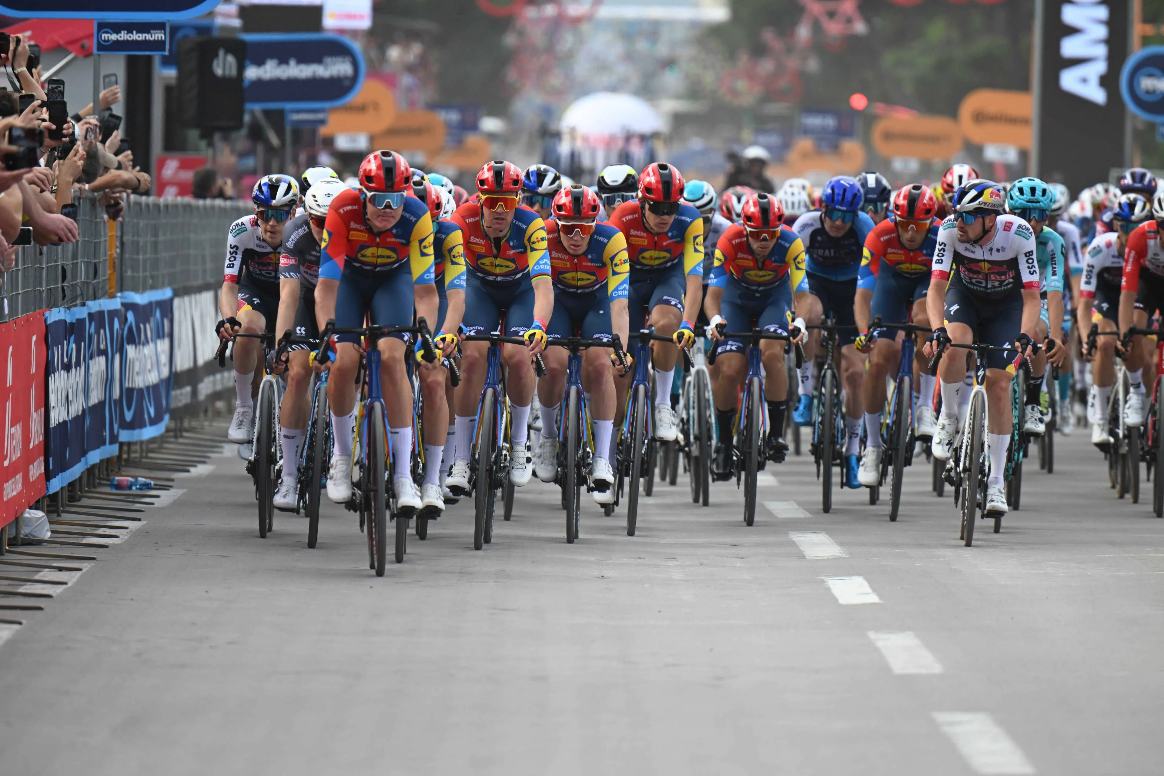 Lidl-Trek beukt en sleurt en ziet Pedersen na chaotische slotfase (met valpartij) naar eerste roze trui sprinten