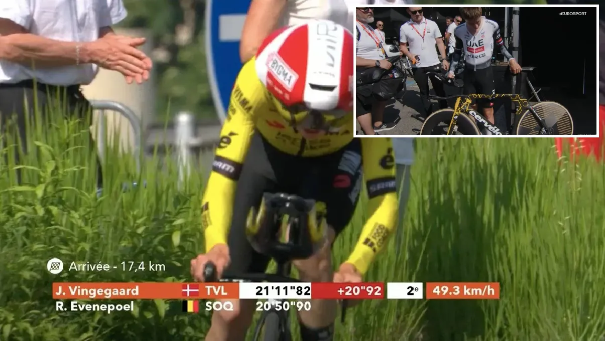 Vingegaard highlights potential improvements after Dauphiné time trial, as opponent Pogacar inspects the Dane's Cervélo