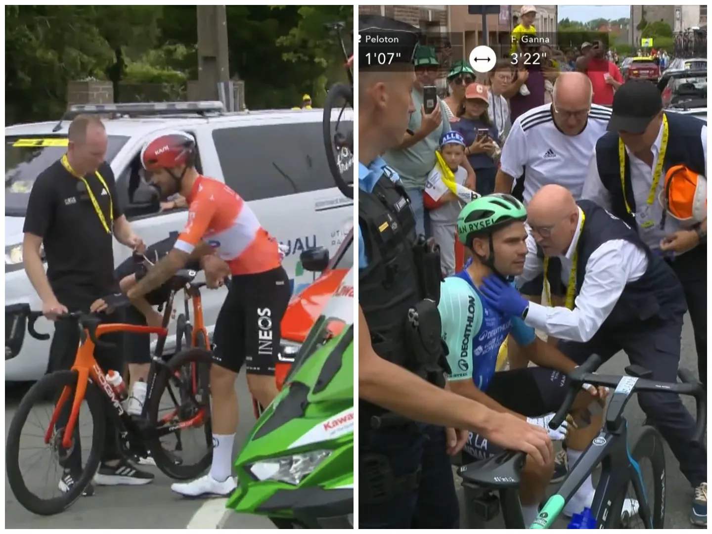 🎥 Ganna involved in first Tour de France crash, Bissegger and Nys also hit the ground in a nervous first stage