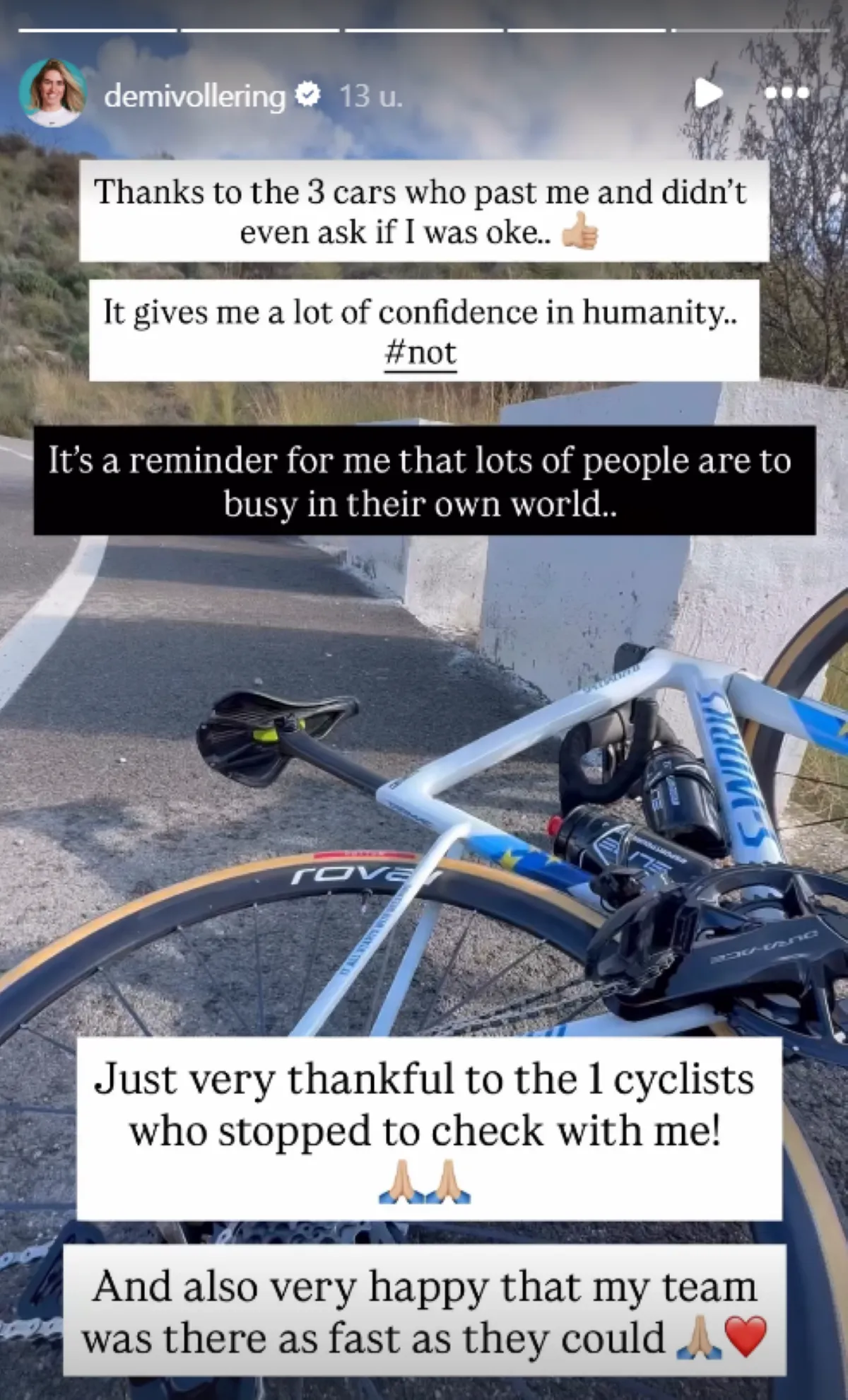 🎥 Demi Vollering crashes hard in training and lashes out at motorists: 'Gives me a lot of confidence in humanity...'