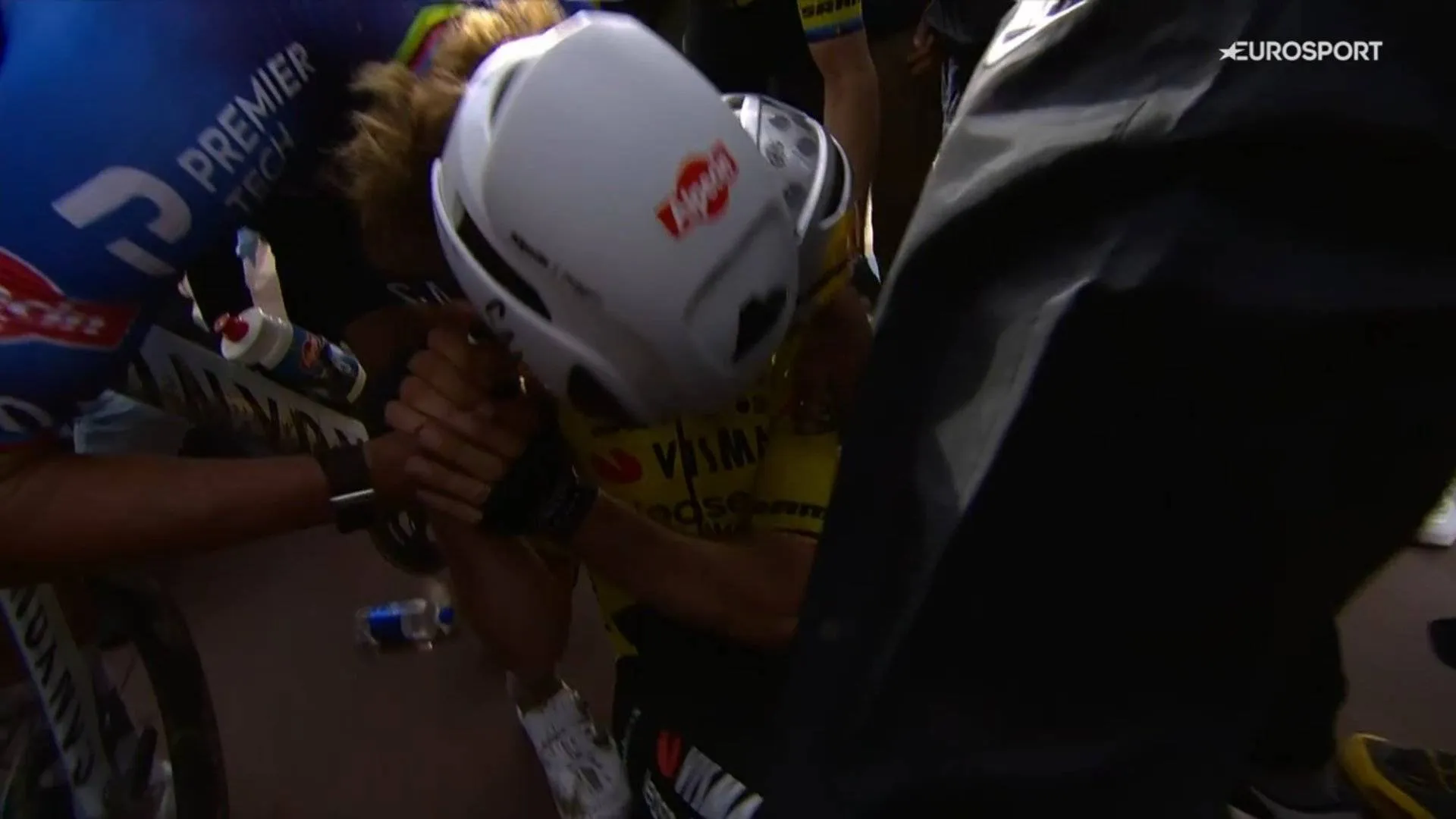 Van der Poel graciously congratulates Wout van Aert after Paris-Roubaix puncture-fest