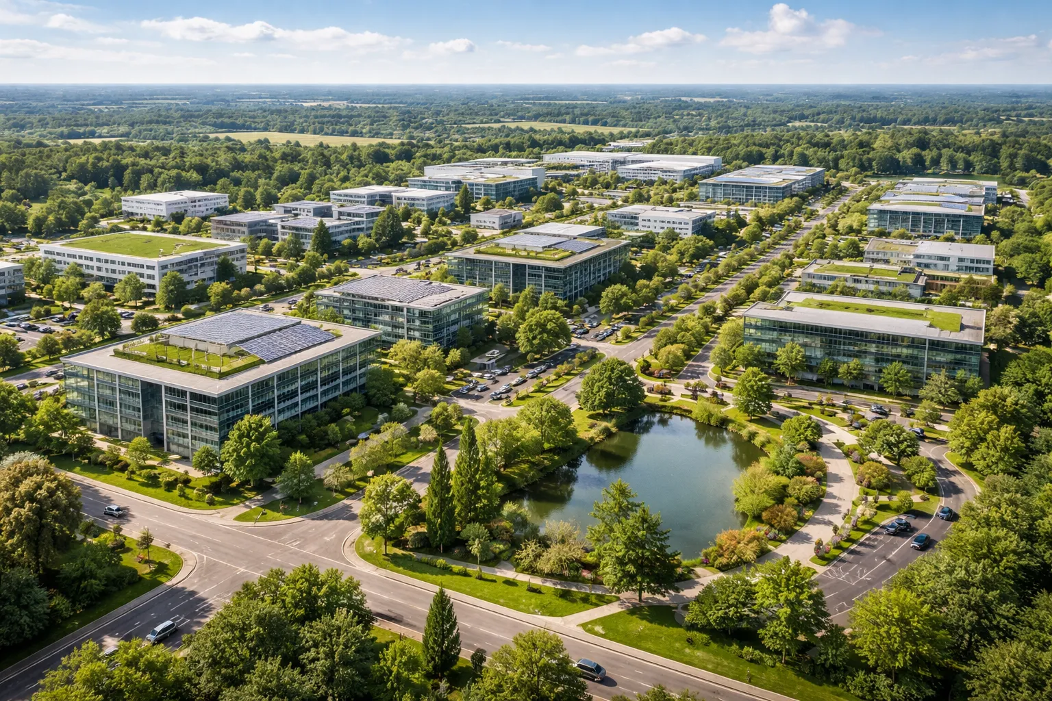 Modern business park with greenery