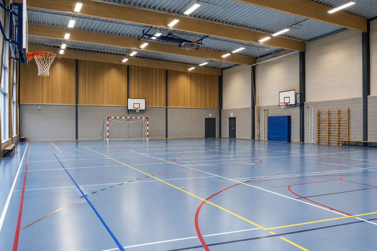 Ruime moderne sporthal met vele lijnen