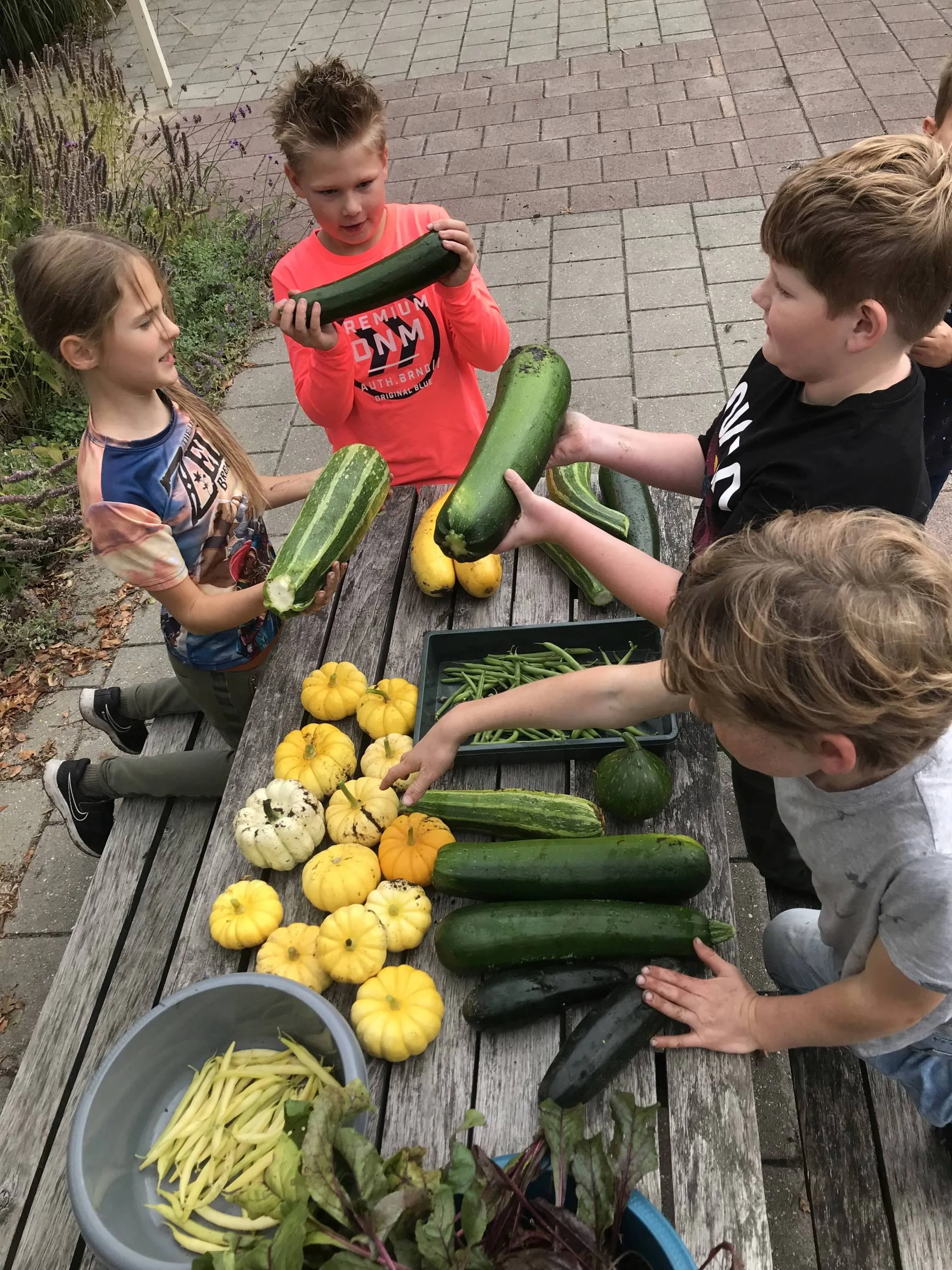 echten foto 1 kinderen buiten aan tafel met geteelde groenten