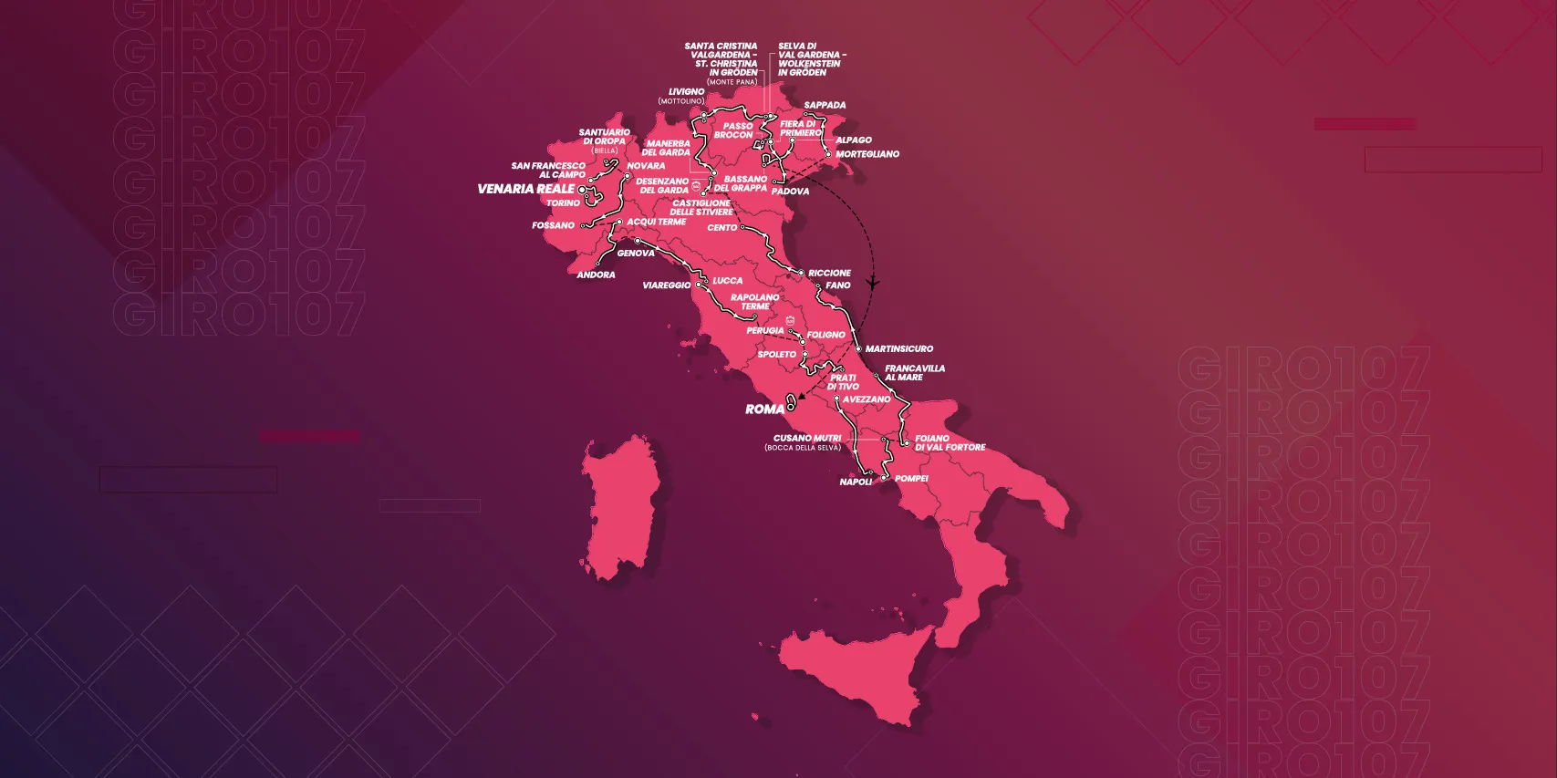Karte Giro d'Italia 2024 Italien gesamt mit schematischer Route&amp;amp;amp;amp;amp;amp;amp;lt;br&amp;amp;amp;amp;amp;amp;amp;gt;