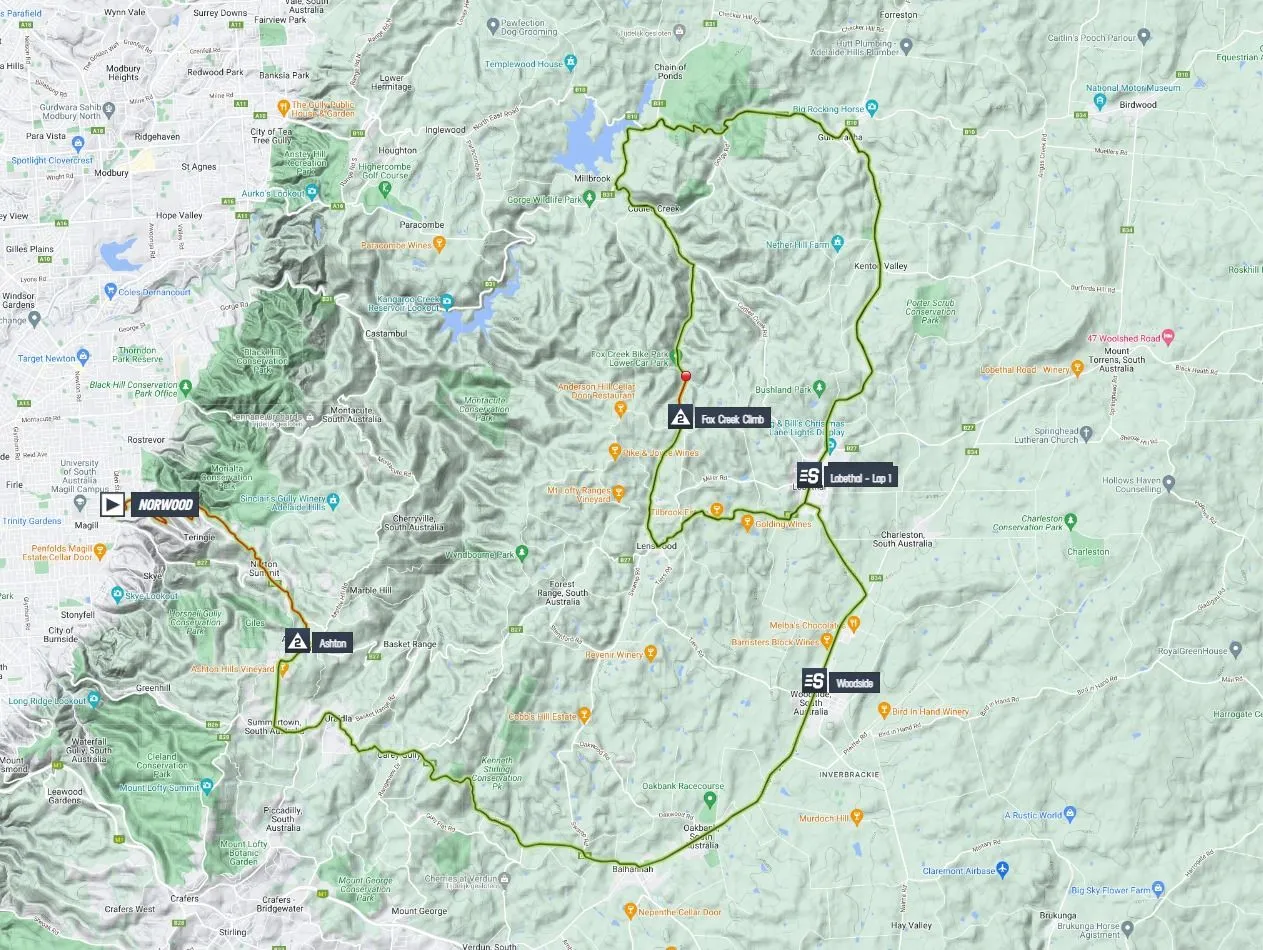 Karte Tour Down Under 2024 Etappe 2 Strecke mit Rundkurs&amp;amp;amp;lt;br&amp;amp;amp;gt;