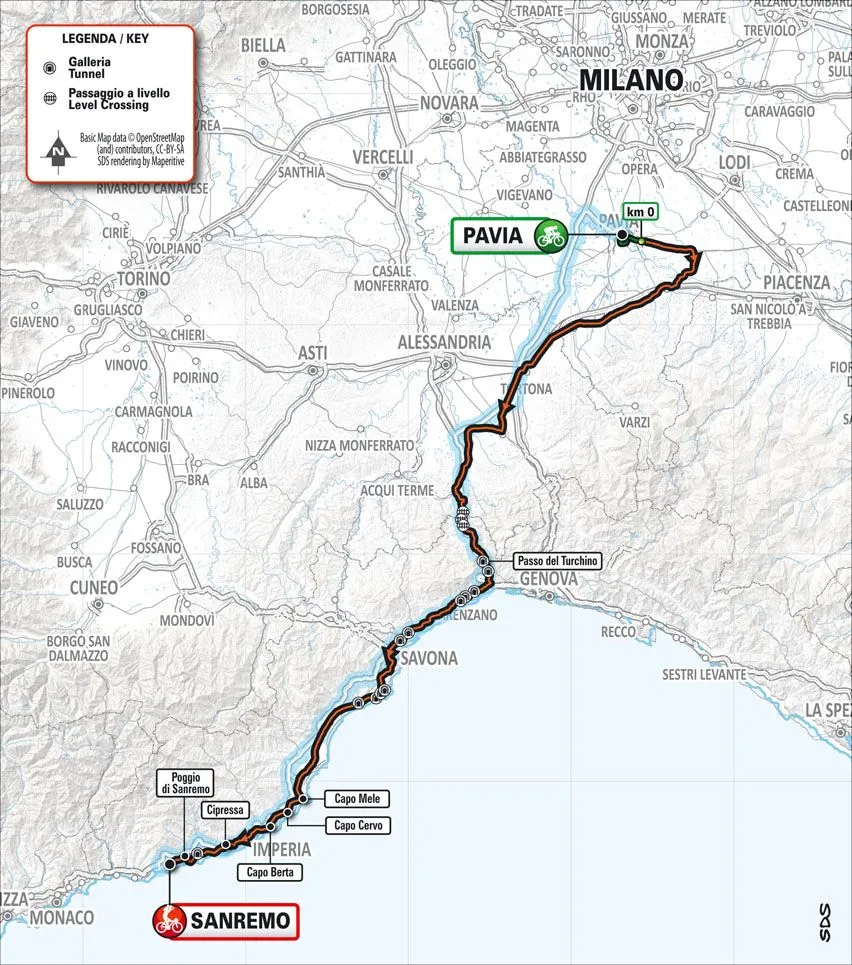 Karte Milano-Sanremo 2024 schematische Route&amp;lt;br&amp;gt;