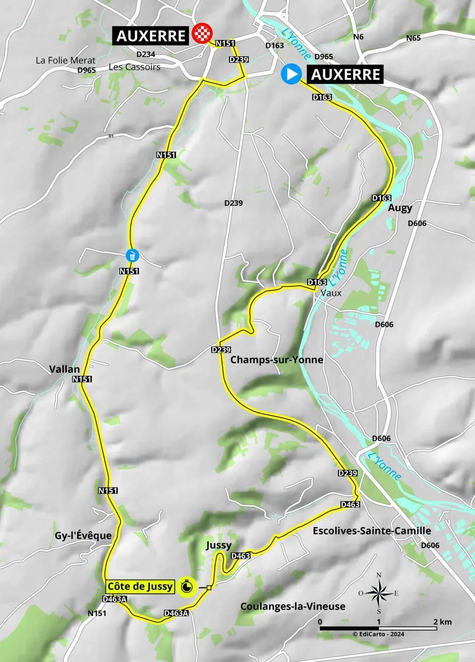 Karte Paris-Nizza 2024 Etappe 3 schematische Route<br>