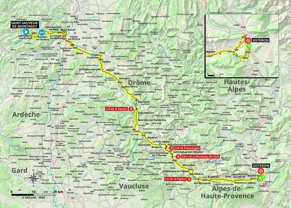 Karte Paris-Nice 2024 Etappe 5 schematische Route&amp;lt;br&amp;gt;