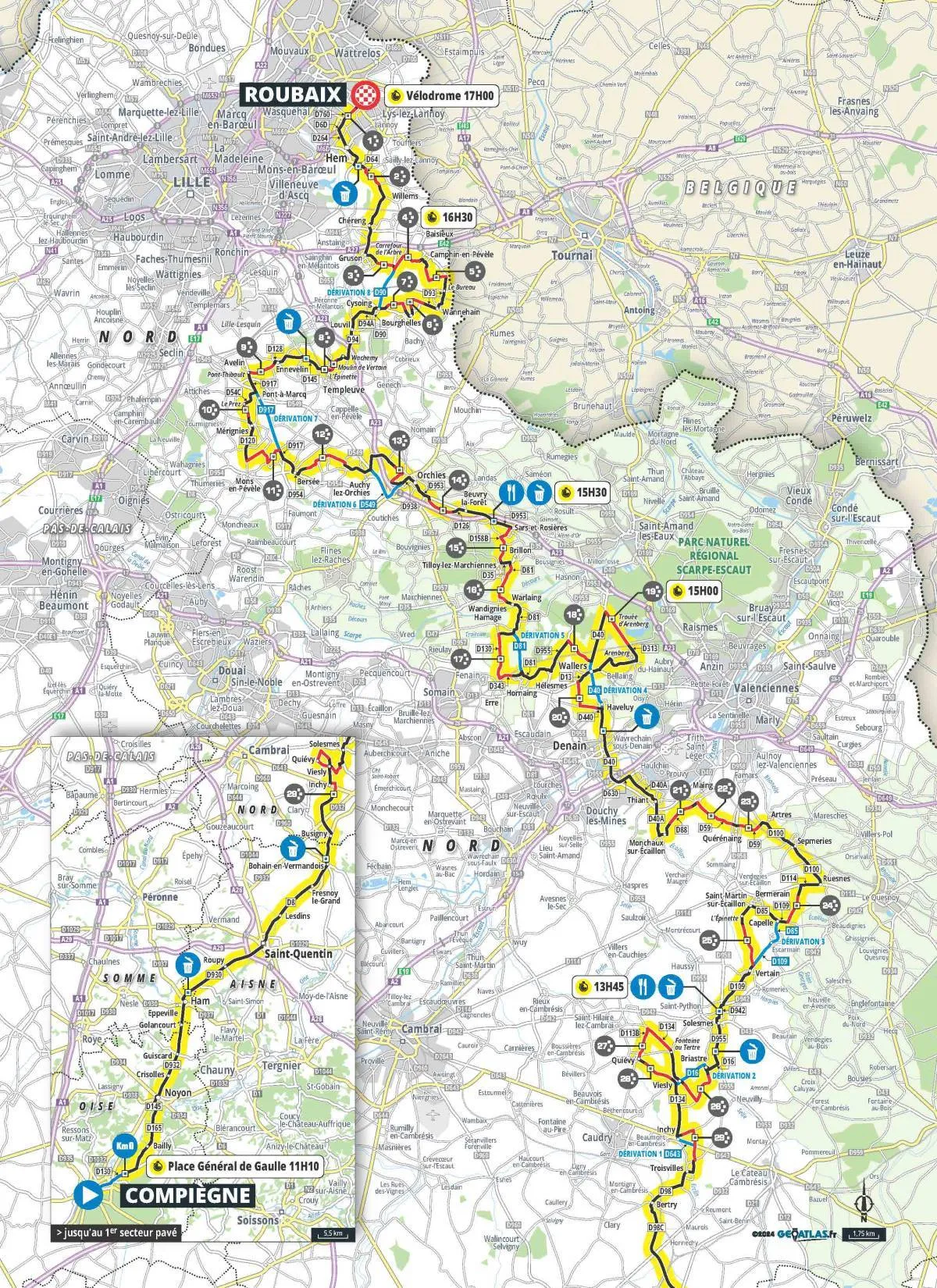 Karte Paris-Roubaix 2024 schematische Route&amp;lt;br&amp;gt;