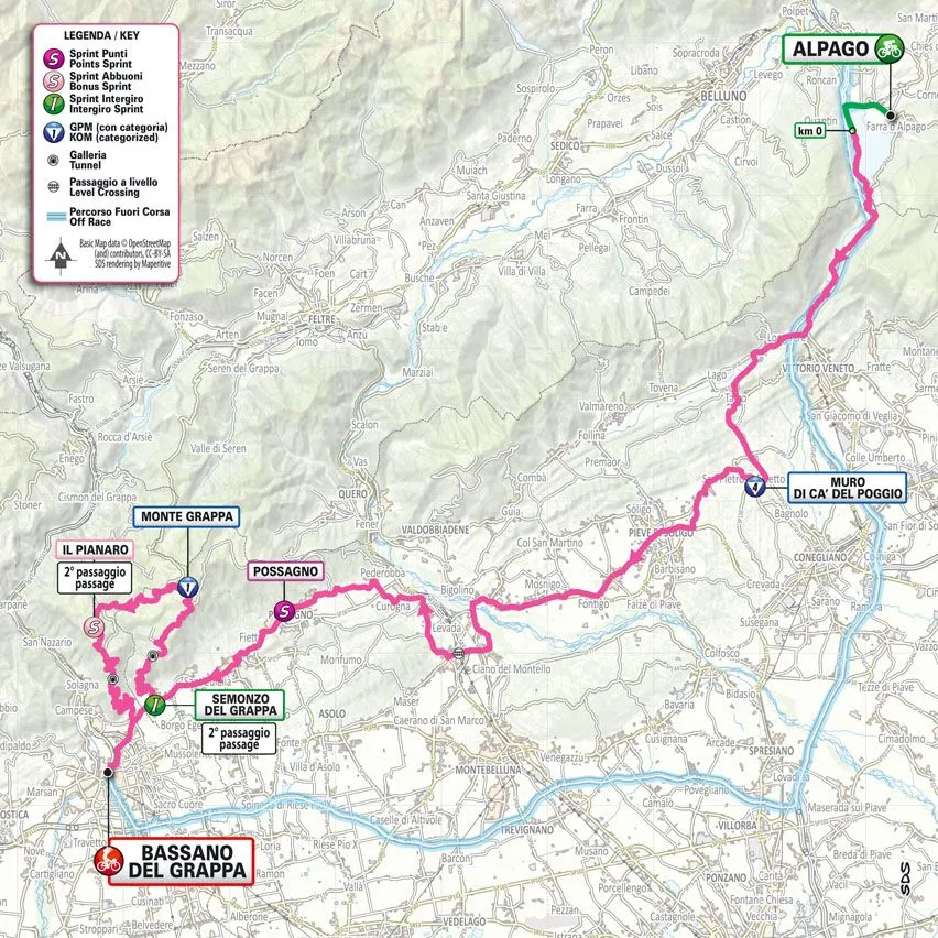 Karte Giro d'Italia 2024 Etappe 20 schematische Route mit Rundkurs&lt;br&gt;