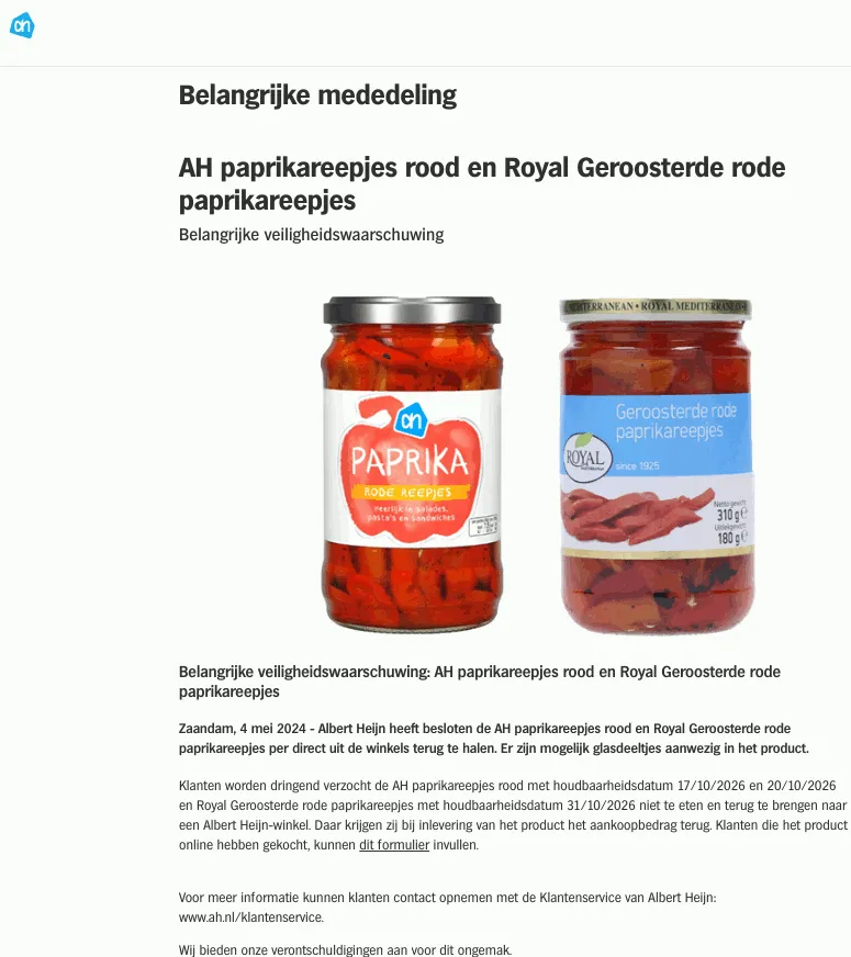 recall royal ah paparikareepjes rood