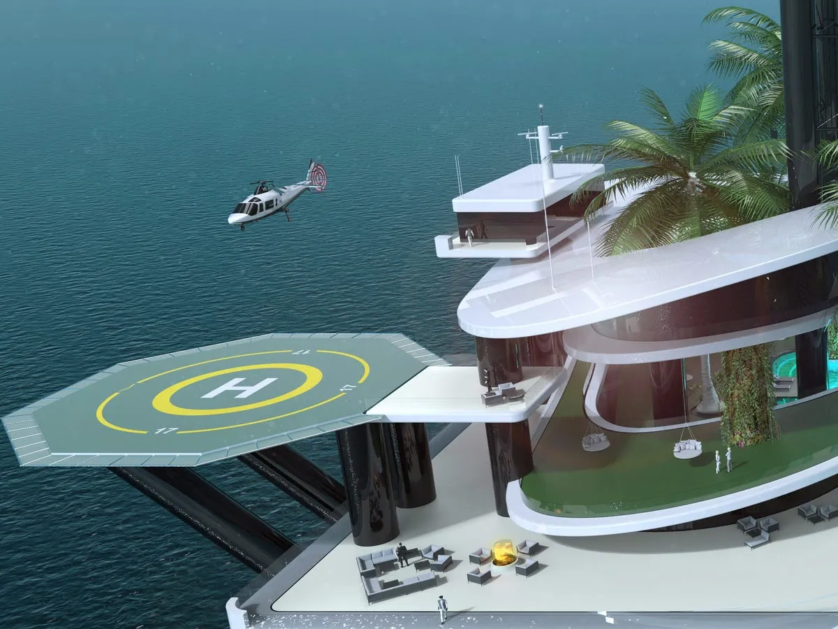 a helipad allows easy entry and exit to the island