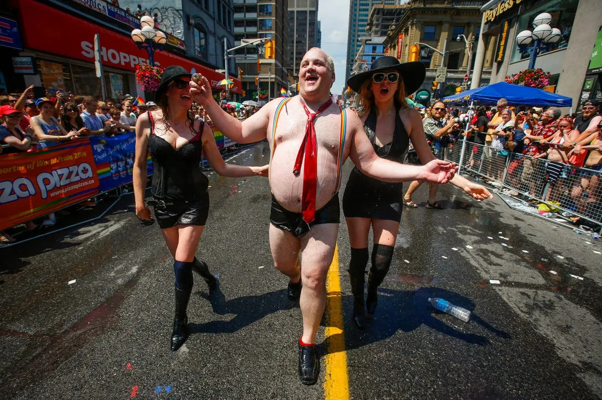 a man is dressed to mock toronto mayor rob ford during the worldpride gay pride parade in toronto in june