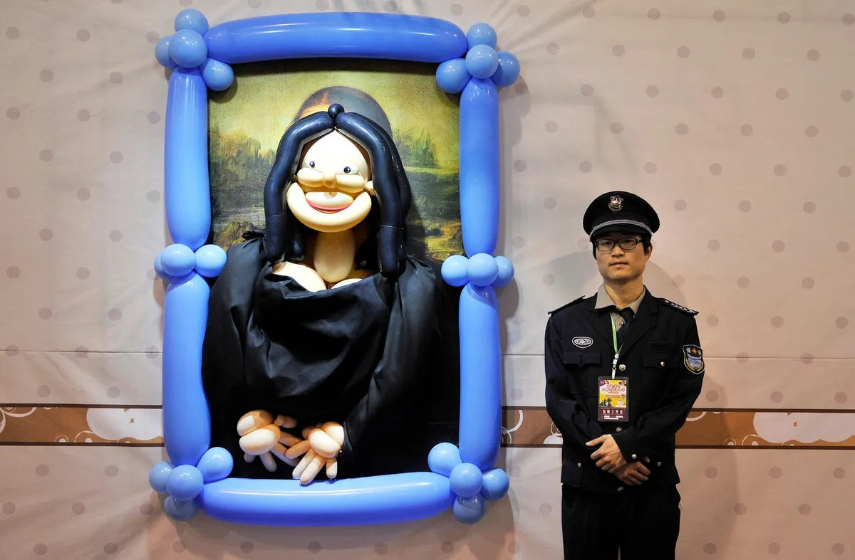 a security guard stands next to a balloon art piece depicting mona lisa by leonardo da vinci at a balloon themed carnival in hefei china