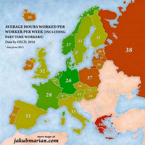 number of hours worked per week europe 0