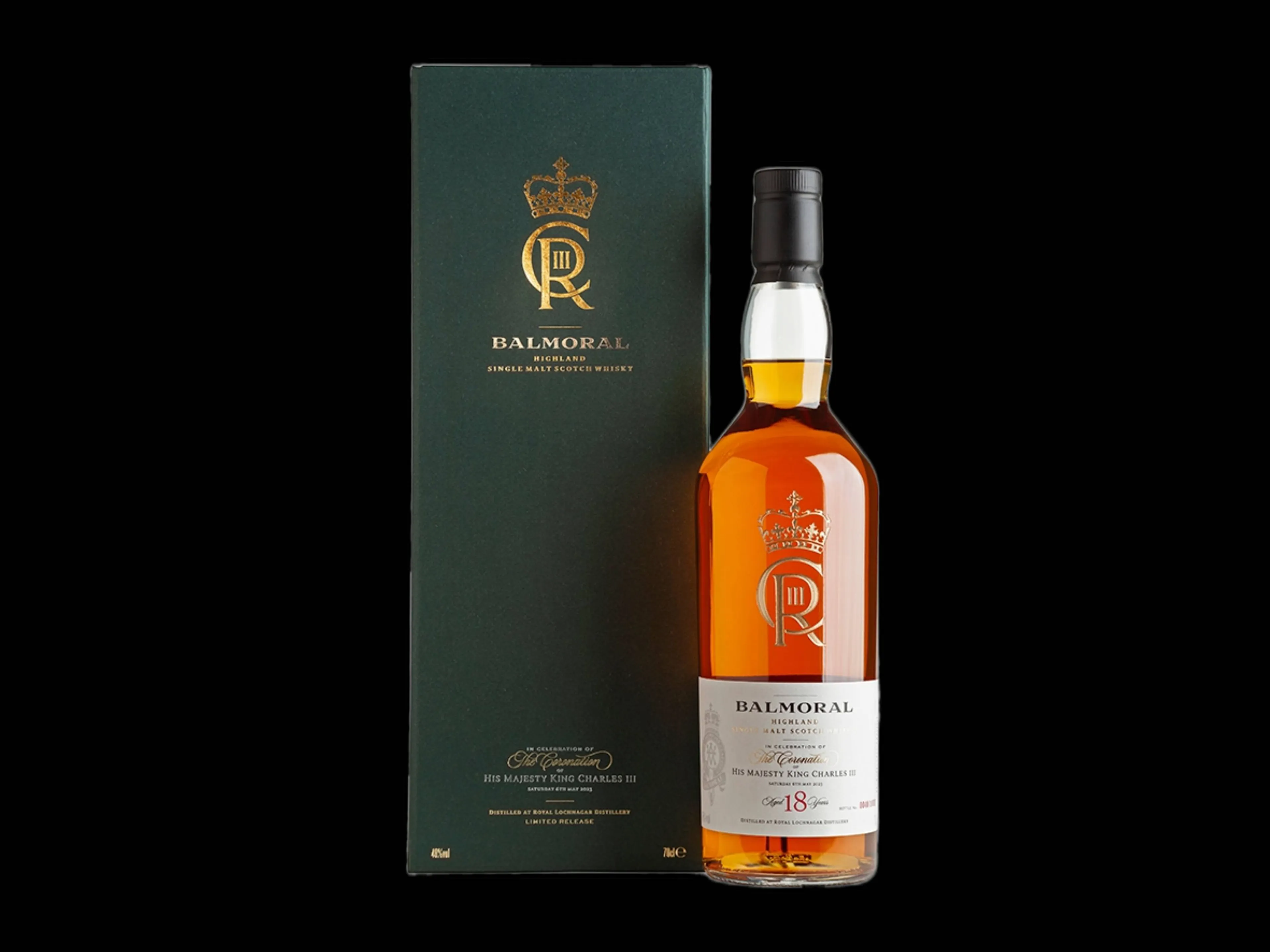 De speciale Balmoral Highland Single Malt Scotch Whisky voor de kroning van Charles III