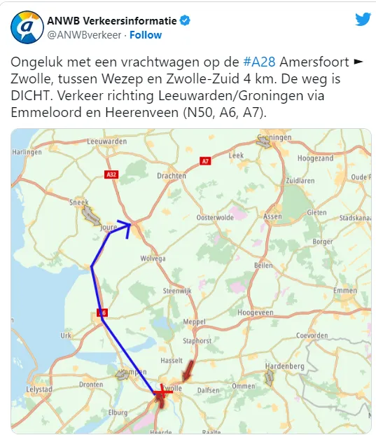 a28 omleiding ongeluk