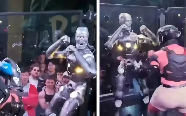 Het lijkt op een scène uit Terminator: eerste MMA-gevecht ooit tussen mens en robot