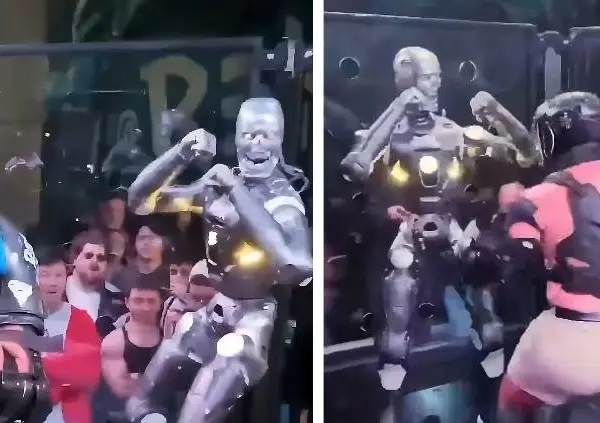 Het lijkt op een scène uit Terminator: eerste MMA-gevecht ooit tussen mens en robot