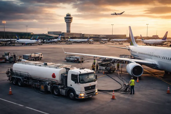 Luchtvulling bij zonsondergang op luchthaven