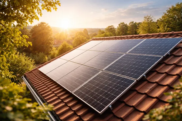 Zonnepanelen op dak bij zonsondergang